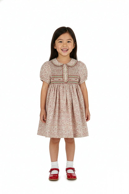 Luli & Me Girls Mulberry Red Floral Smocked Christmas Dress by Luli & Me