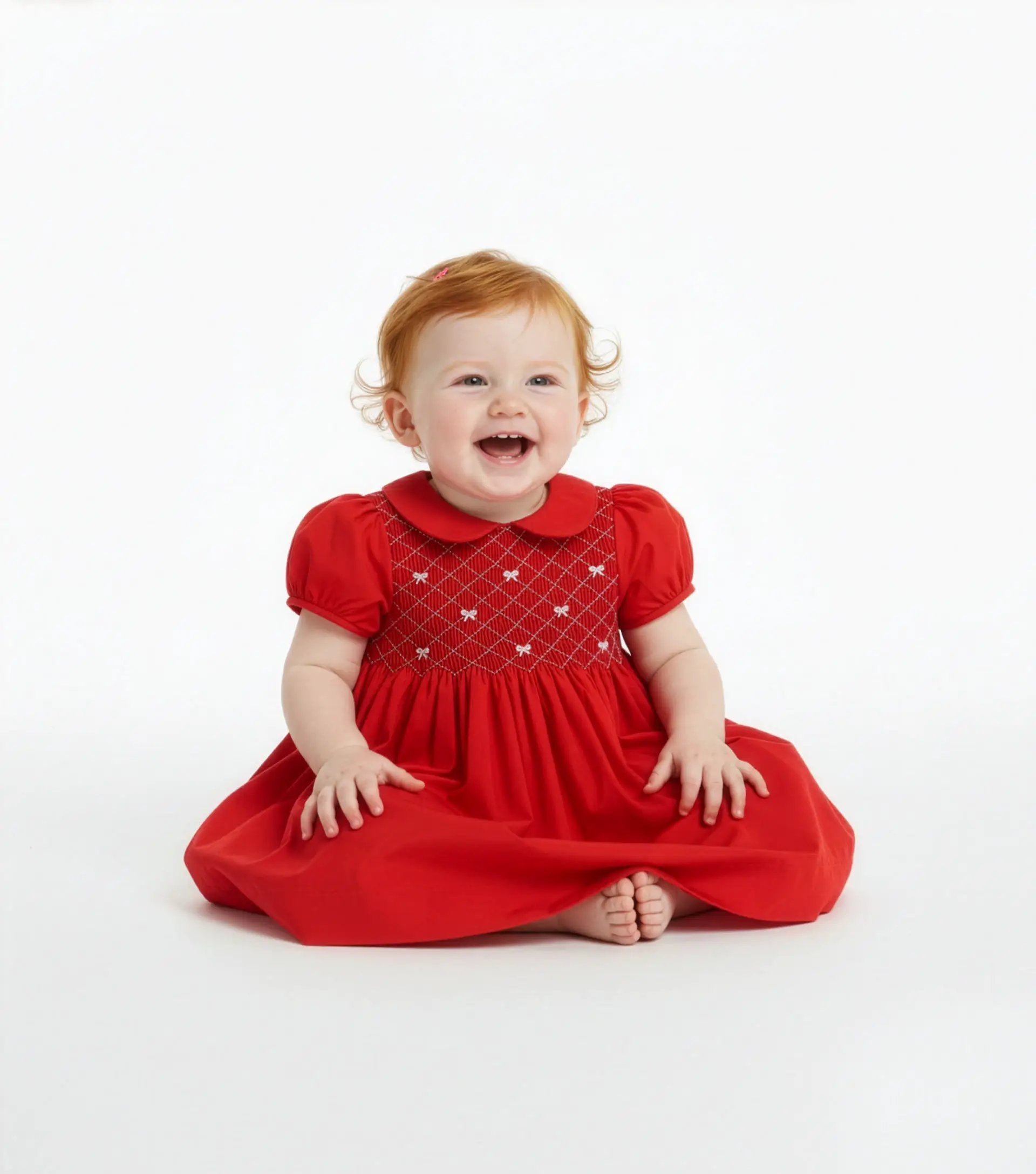 Luli & Me by Casero Girls Red Taffeta Smocked Christmas Bows Dress with Collar