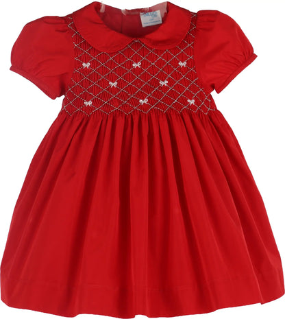 Luli & Me by Casero Girls Red Taffeta Smocked Christmas Bows Dress with Collar by Luli & Me