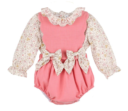 Sophie & Lucas Girls Pink Corduroy OG Bubble - Pink Floral Blouse & Bows