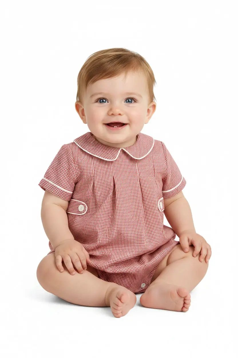 Sophie & Lucas Baby Boys Cranberry Red Boxwood Checks Bubble with Collar by Sophie & Lucas