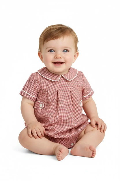 Sophie & Lucas Baby Boys Cranberry Red Boxwood Checks Bubble with Collar by Sophie & Lucas