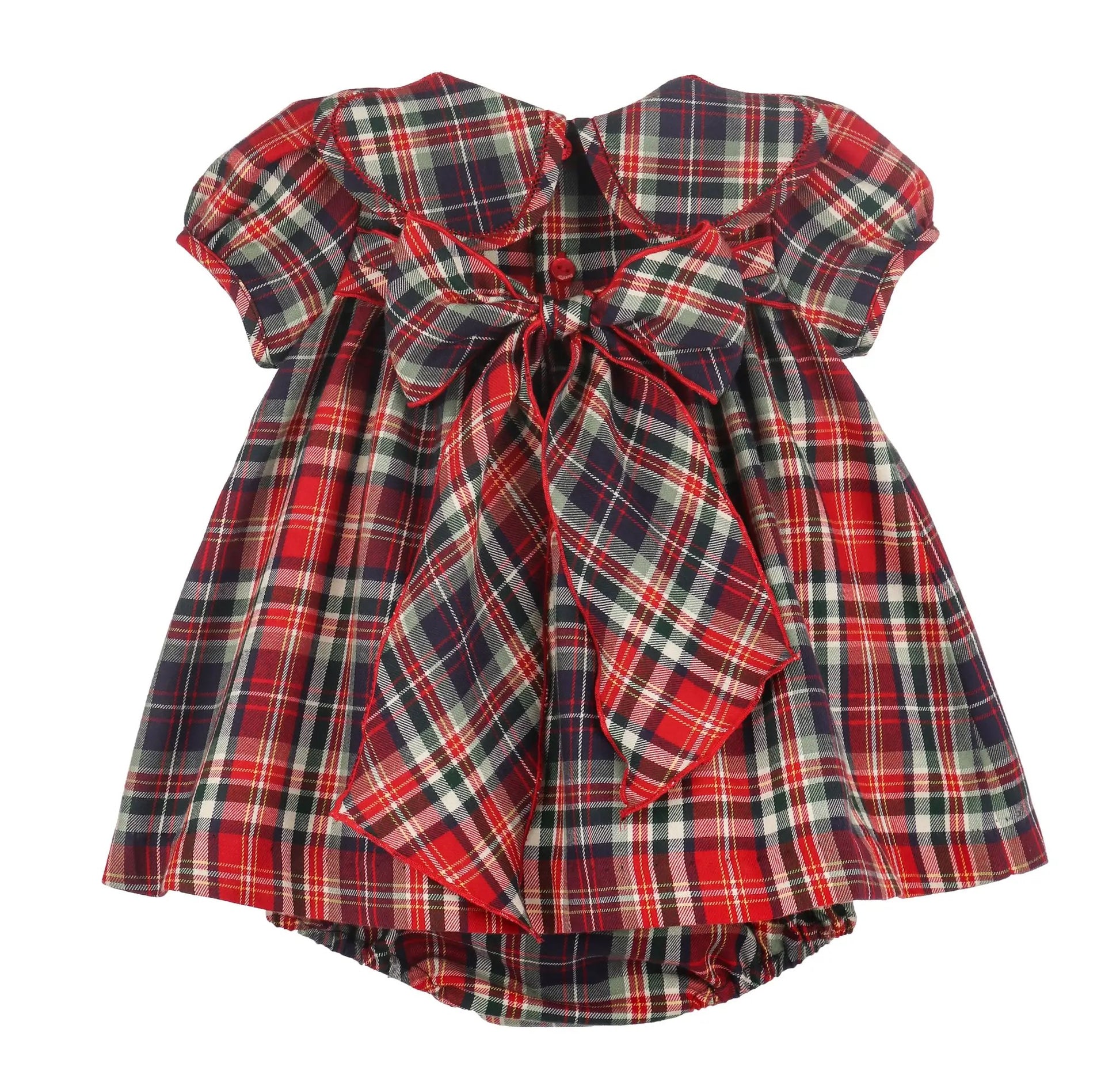 Sophie & Lucas Girls Red Evergreen Holiday Tartan Plaid Petal Dress - Bow in Back