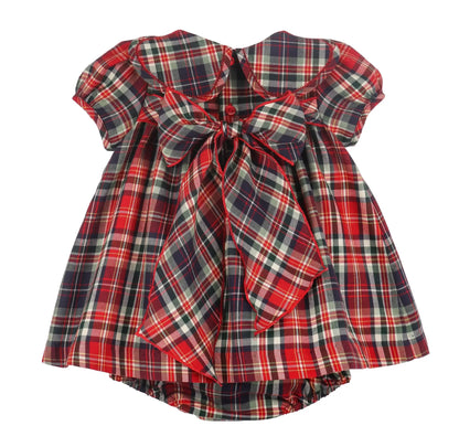 Sophie & Lucas Girls Red Evergreen Holiday Tartan Plaid Petal Dress - Bow in Back by Sophie & Lucas
