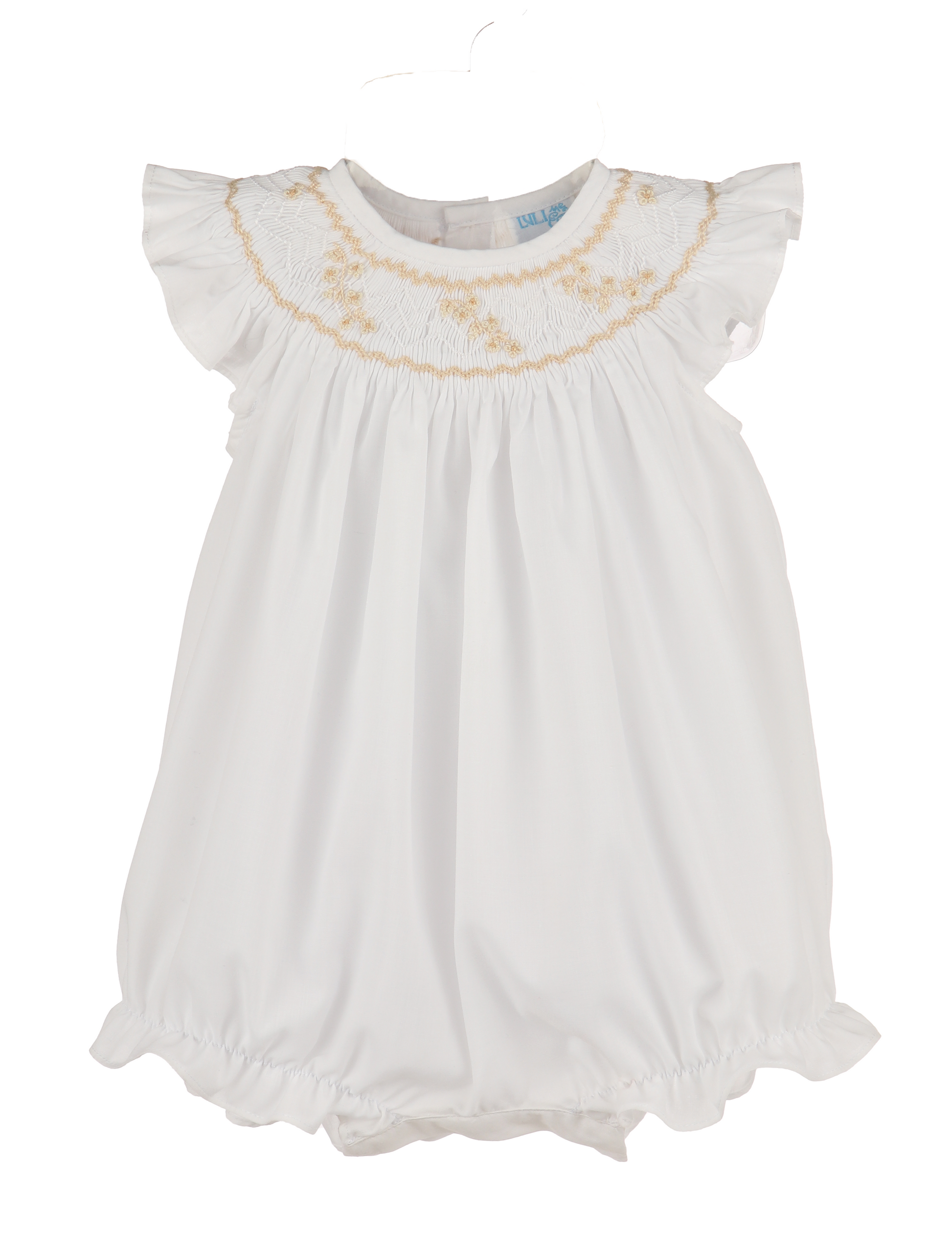 Luli & Me Baby Girls Flutter Sleeve Bubble - Smocked in Beige Ecru
