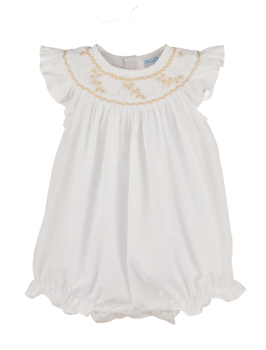 Luli & Me Baby Girls Flutter Sleeve Bubble - Smocked in Beige Ecru by Luli & Me