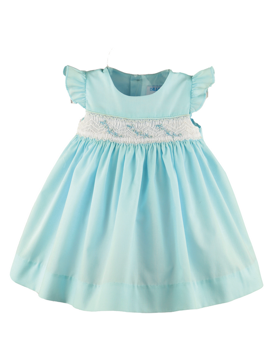 Luli & Me Girls Batiste Flutter Sleeve Smocked Dress - Light Blue by Luli & Me