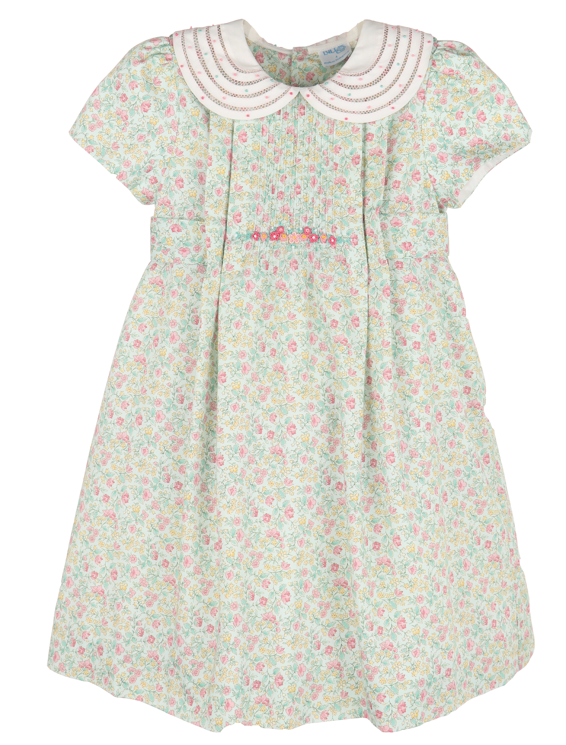 Luli & Me Girls Aqua & Pink Floral Dress - Embroidered Collar