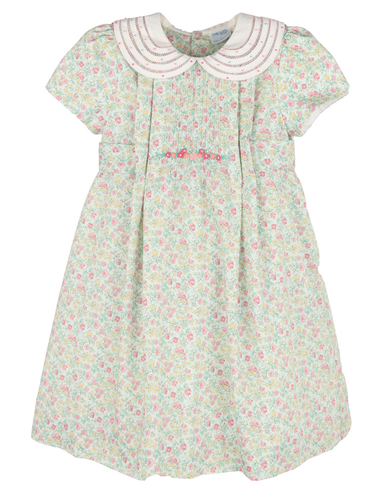 Luli & Me Girls Aqua & Pink Floral Dress - Embroidered Collar by Luli & Me