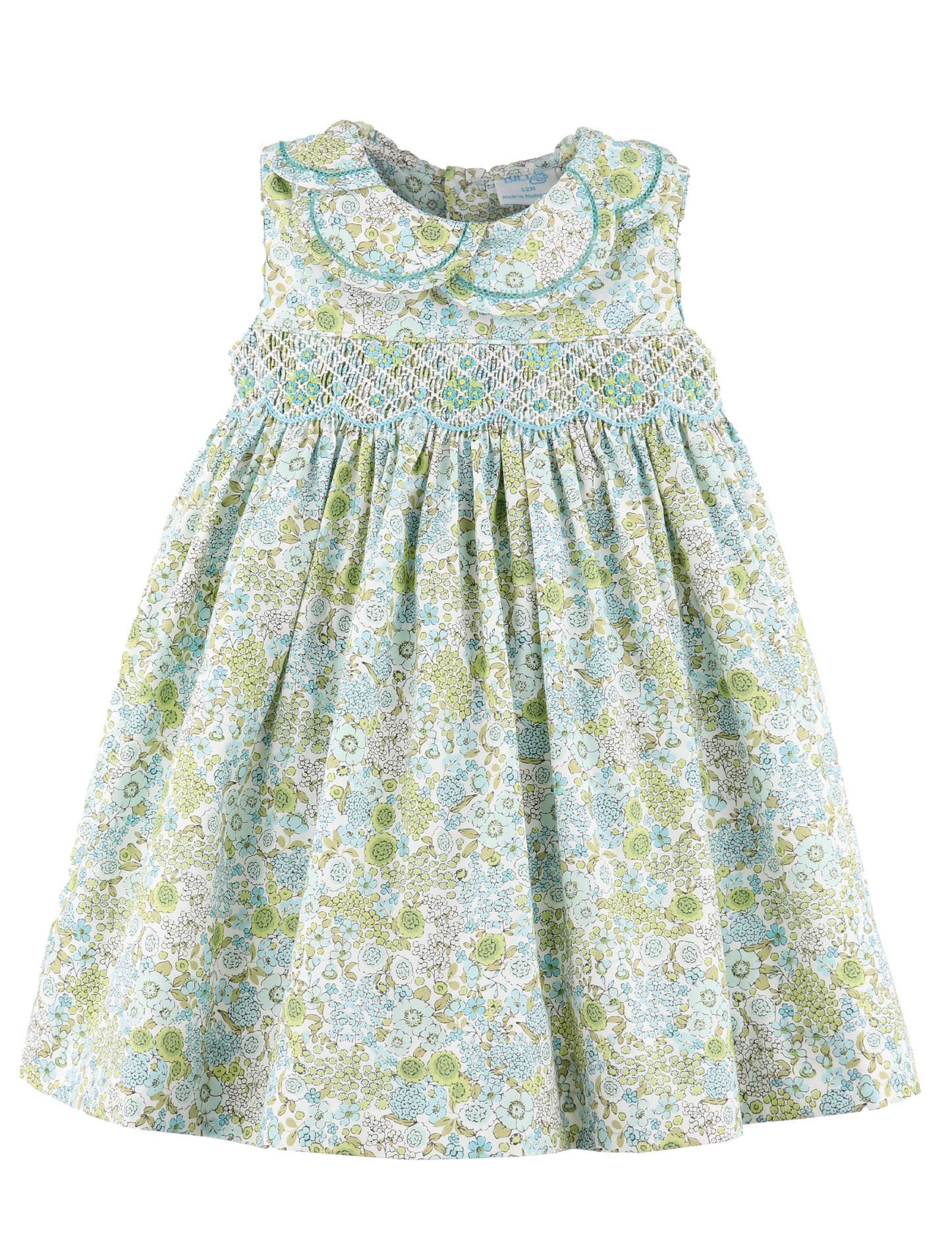 Luli & Me Girls Turquoise Blue Floral Bouquet Smocked Dress - Petal Collar by Luli & Me