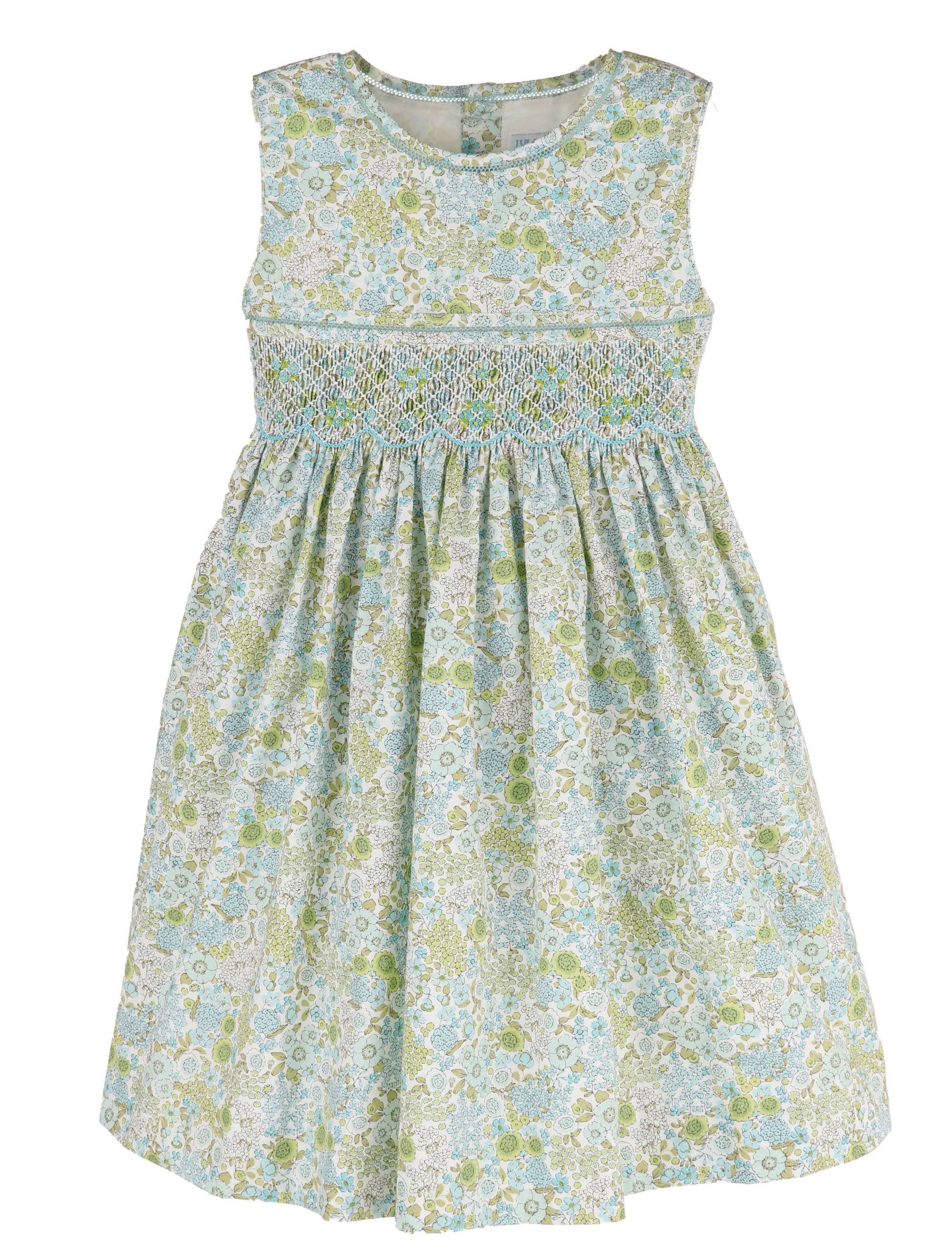 Luli & Me Girls Turquoise Blue Floral Bouquet Sleeveless Smocked Dress