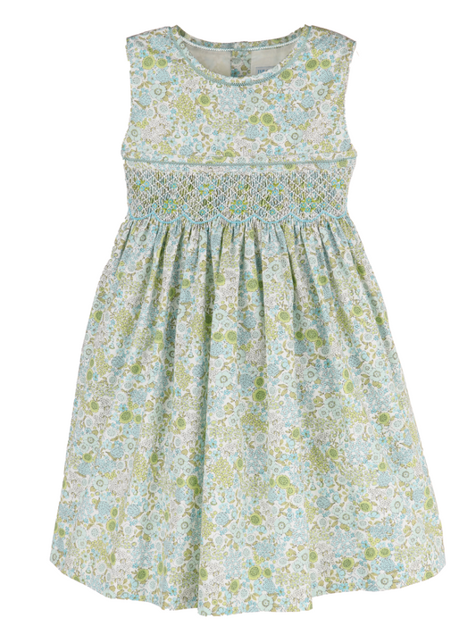 Luli & Me Girls Turquoise Blue Floral Bouquet Sleeveless Smocked Dress by Luli & Me