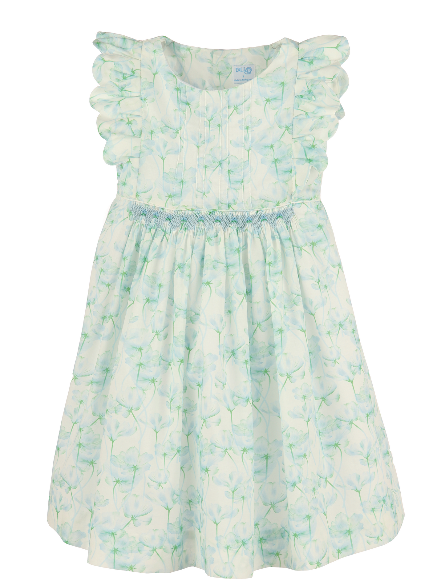 Luli & Me Girls Blue Poppy Waves Floral Ruffle Dress - Smocked Waist