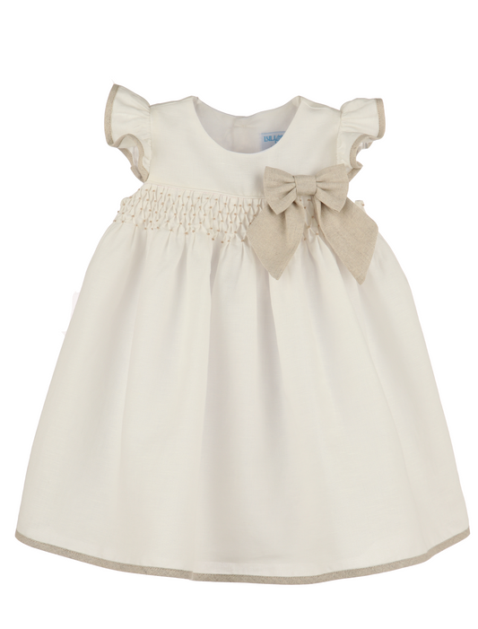 Luli & Me Girls Ivory Linen Blend Honey Comb Smocked Dress with Bow by Luli & Me