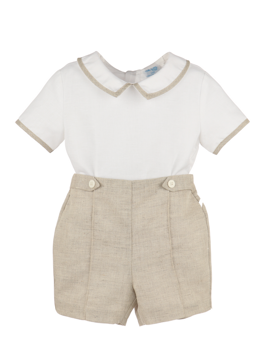 Luli & Me Boys Ivory & Tan Linen Blend Dressy Shorts Set by Luli & Me