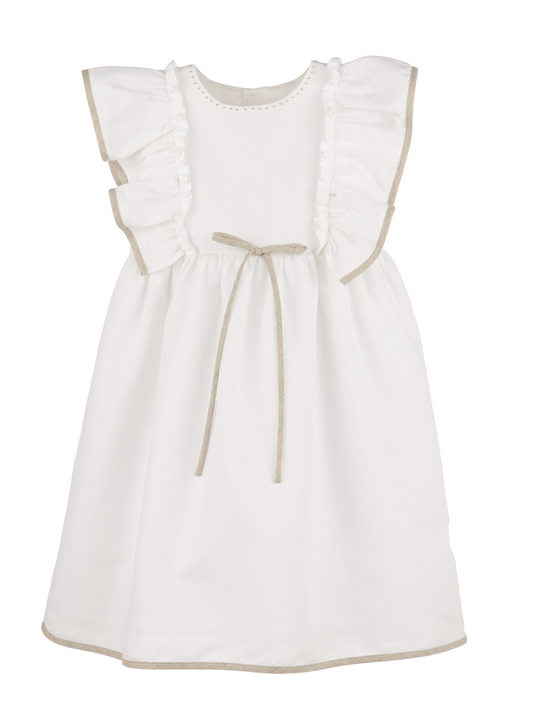 Luli & Me Girls Ivory Linen Blend Ruffles Dress - Tan Trim & Tie by Luli & Me