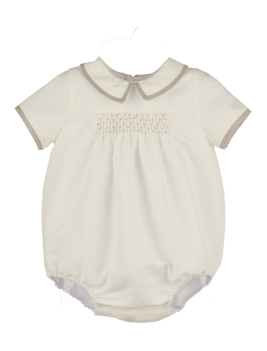 Luli & Me Baby Boys Ivory Linen Blend Honey Comb Smocked Bubble by Luli & Me