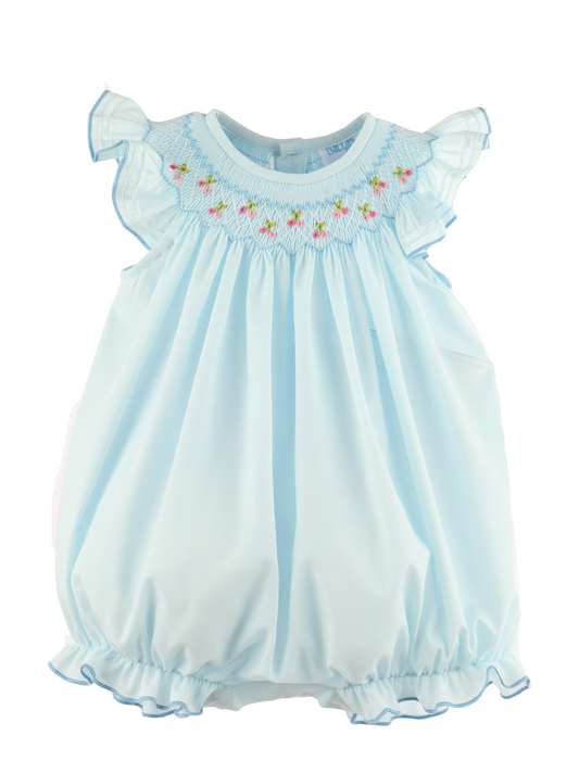 Luli & Me Baby Girls Light Blue Bubble - Smocked Cherry Cherries by Luli & Me