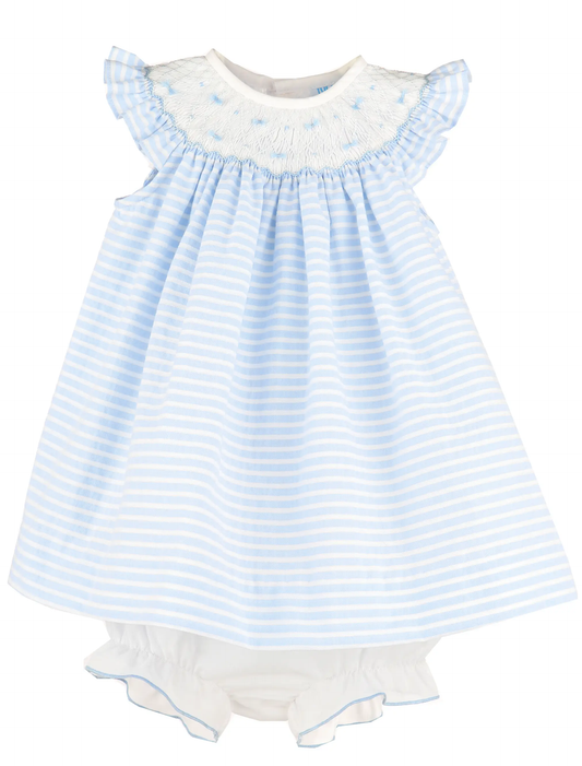 Luli & Me Girls Plumeti Stripes Smocked Bishop Dress - Blue by Luli & Me