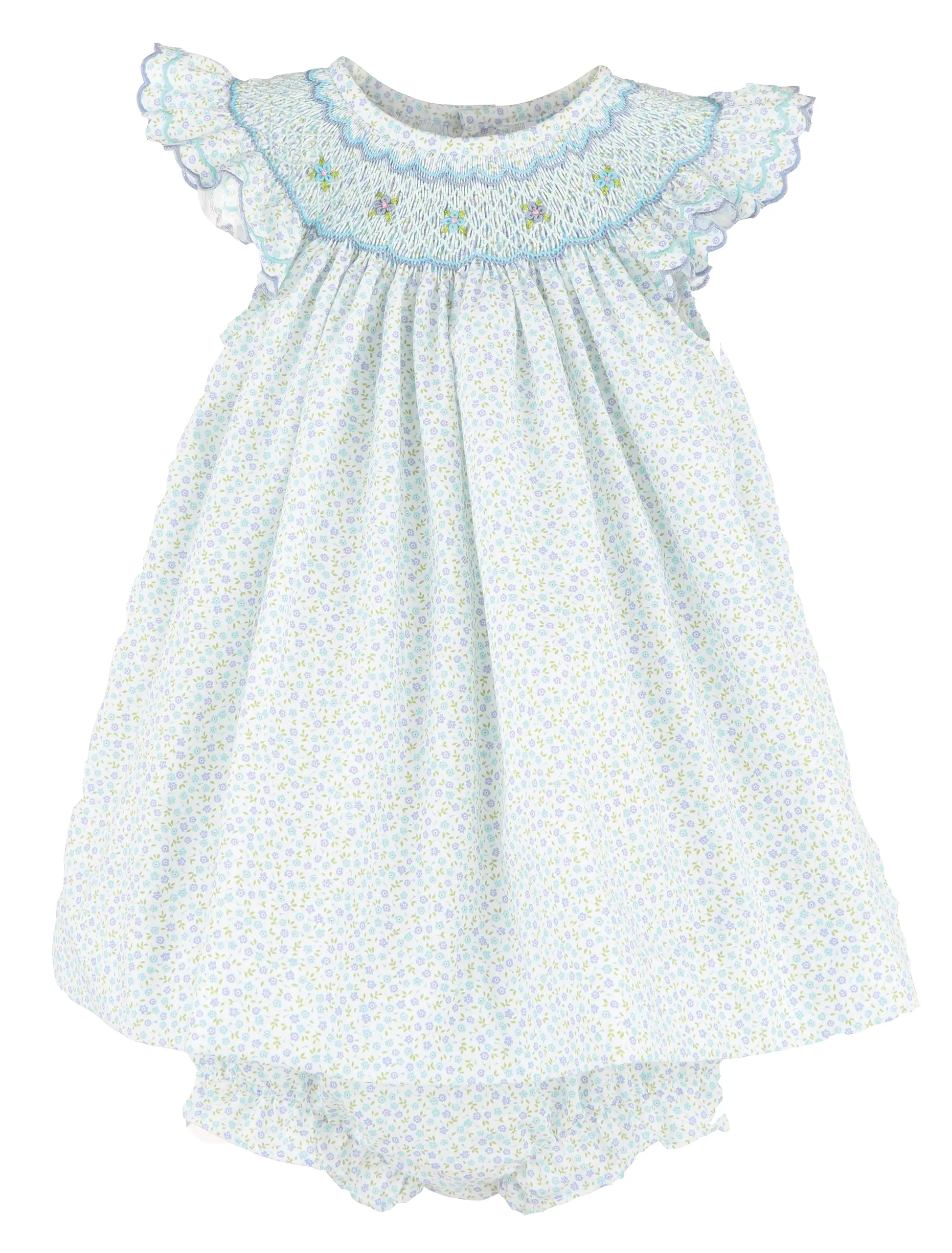 Luli & Me Girls Blue Floral Smocked Bishop Dress