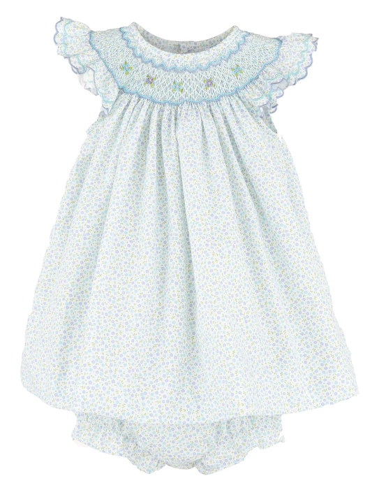 Luli & Me Girls Blue Floral Smocked Bishop Dress by Luli & Me