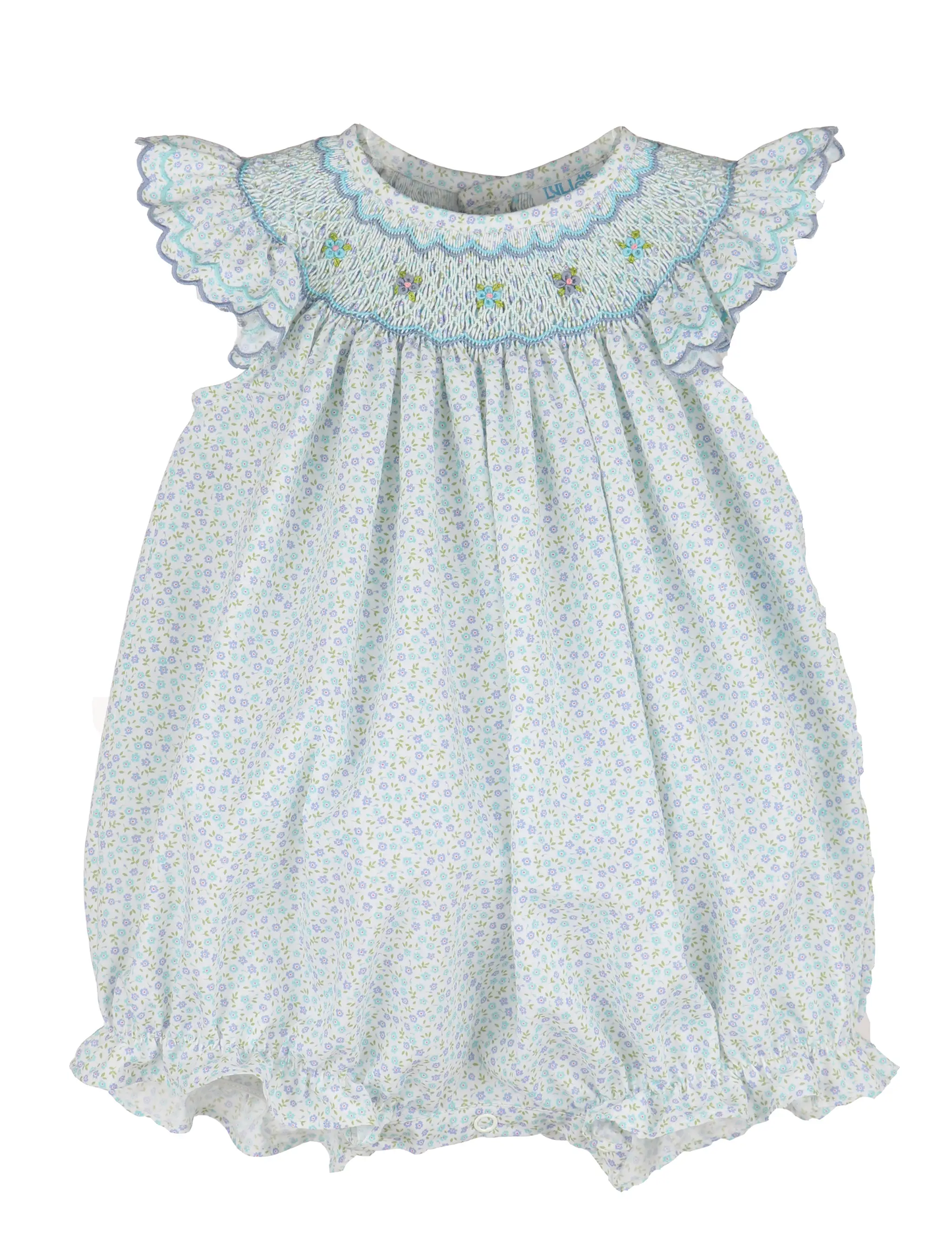 Luli & Me Baby Girls Blue Floral Smocked Bubble by Luli & Me