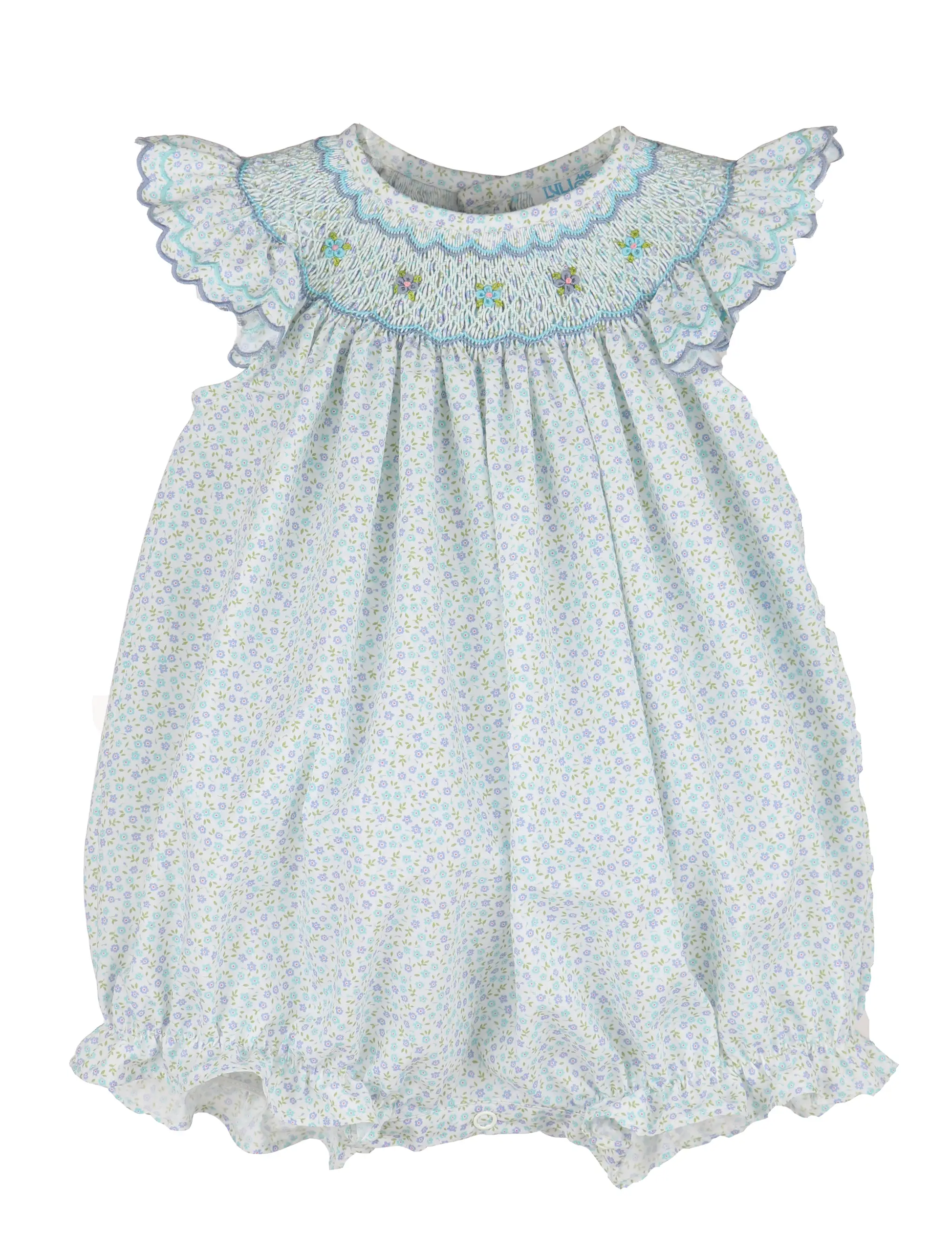 Luli & Me Baby Girls Blue Floral Smocked Bubble