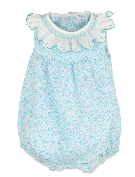Luli & Me Girls Turquoise Blue Mini Floral Print Bubble - Smocked Ruffle Collar by Luli & Me