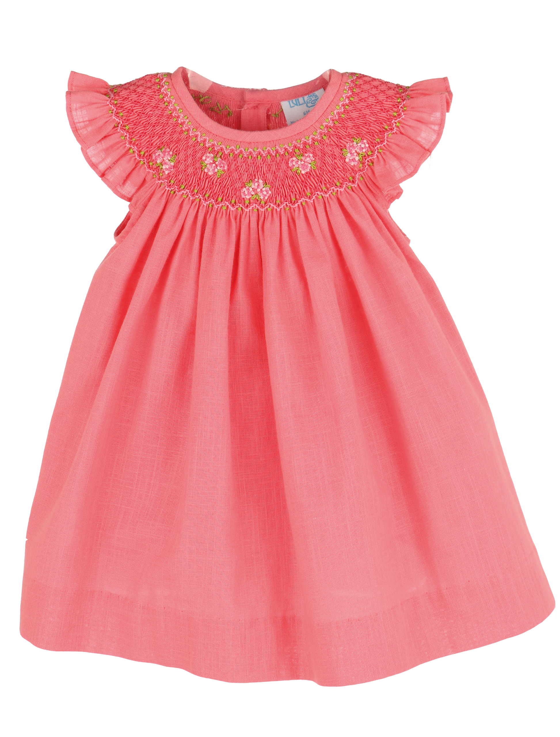 Luli & Me Girls Smocked Bishop Dress - Flutter Sleeves - Coral