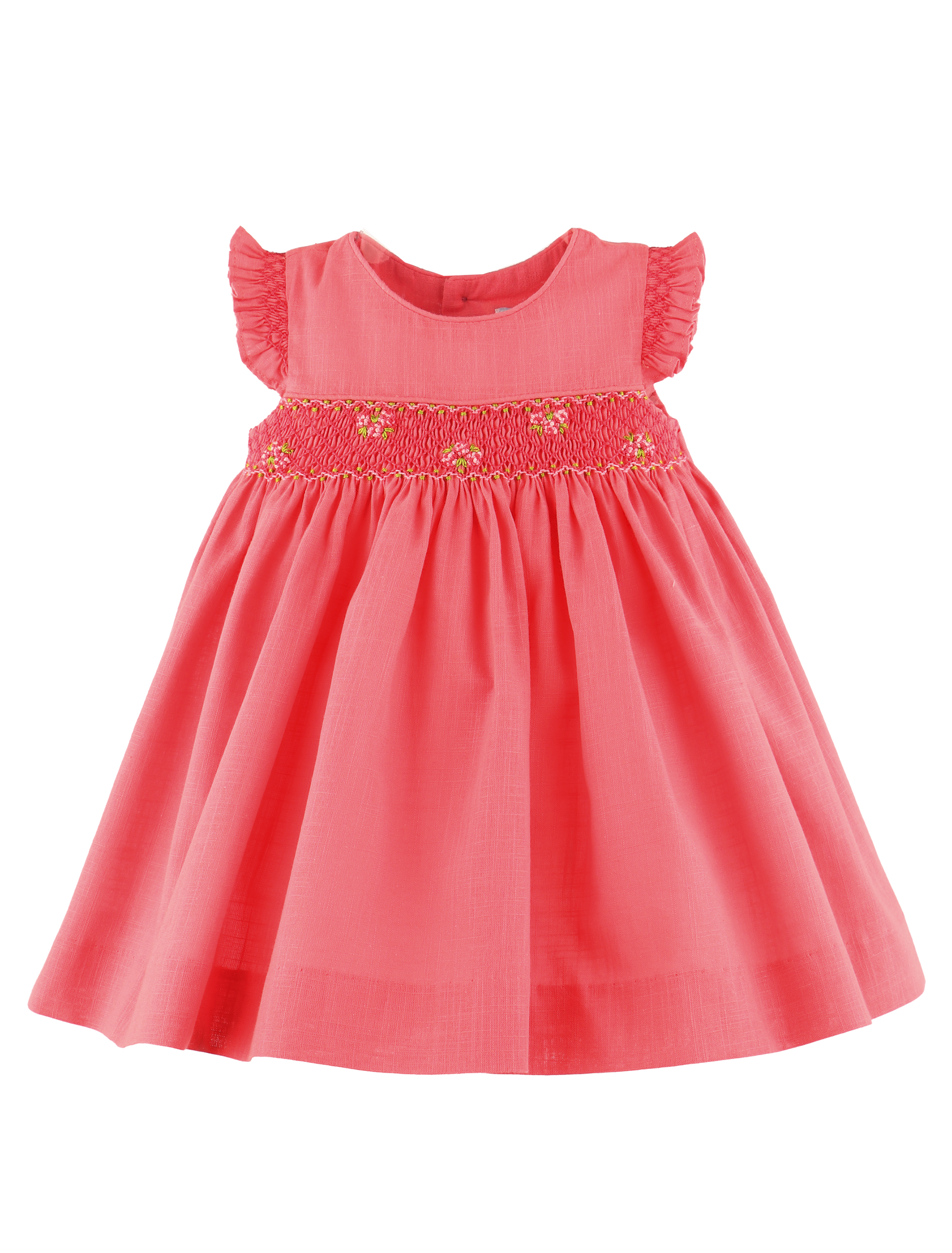 Luli & Me Girls Smocked Ruffle Sleeve Dress - Coral