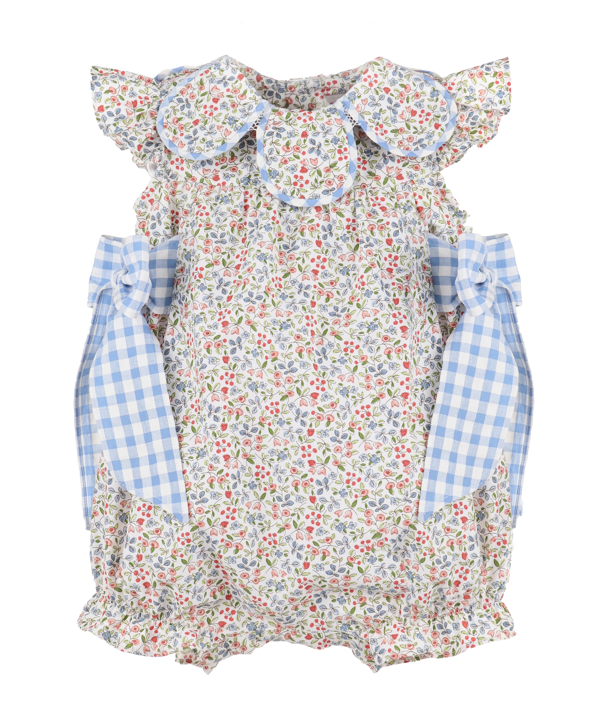 Sophie & Lucas Girls Americana Floral Petal Romper - Blue Bows at Sides