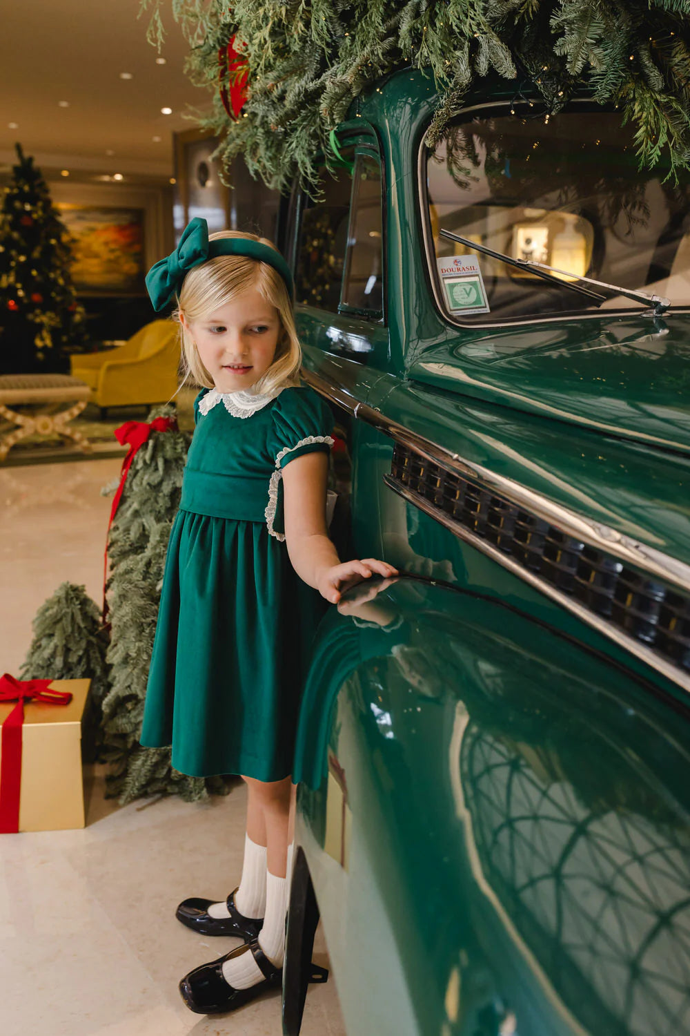 Sal & Pimenta Girls Green Velvet Christmas Dress with Collar & Sash