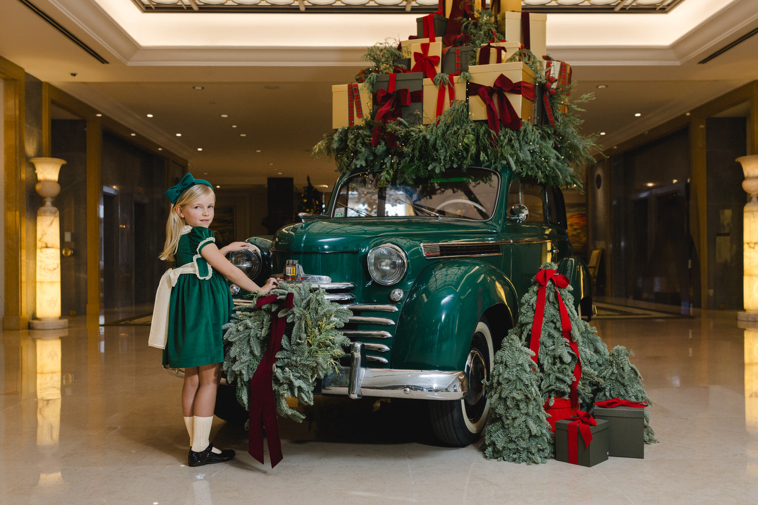 Sal & Pimenta Girls Green Velvet Christmas Dress with Collar & Sash