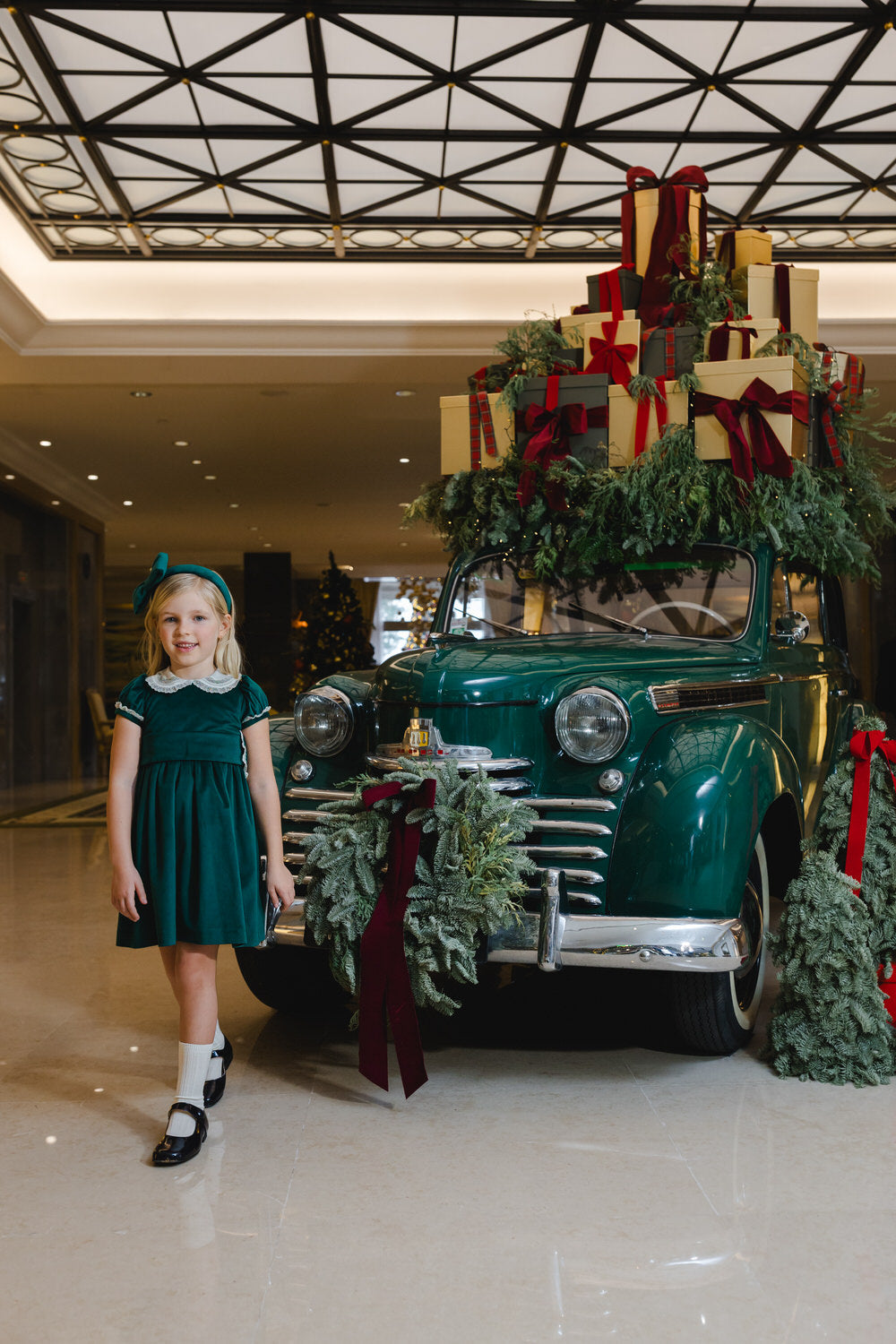 Sal & Pimenta Girls Green Velvet Christmas Dress with Collar & Sash