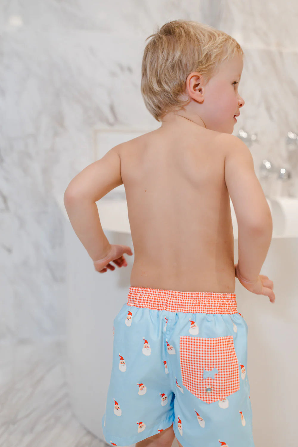 Sal & Pimenta Boys Swim Trunks - Blue Santa Claus Tell Me Print