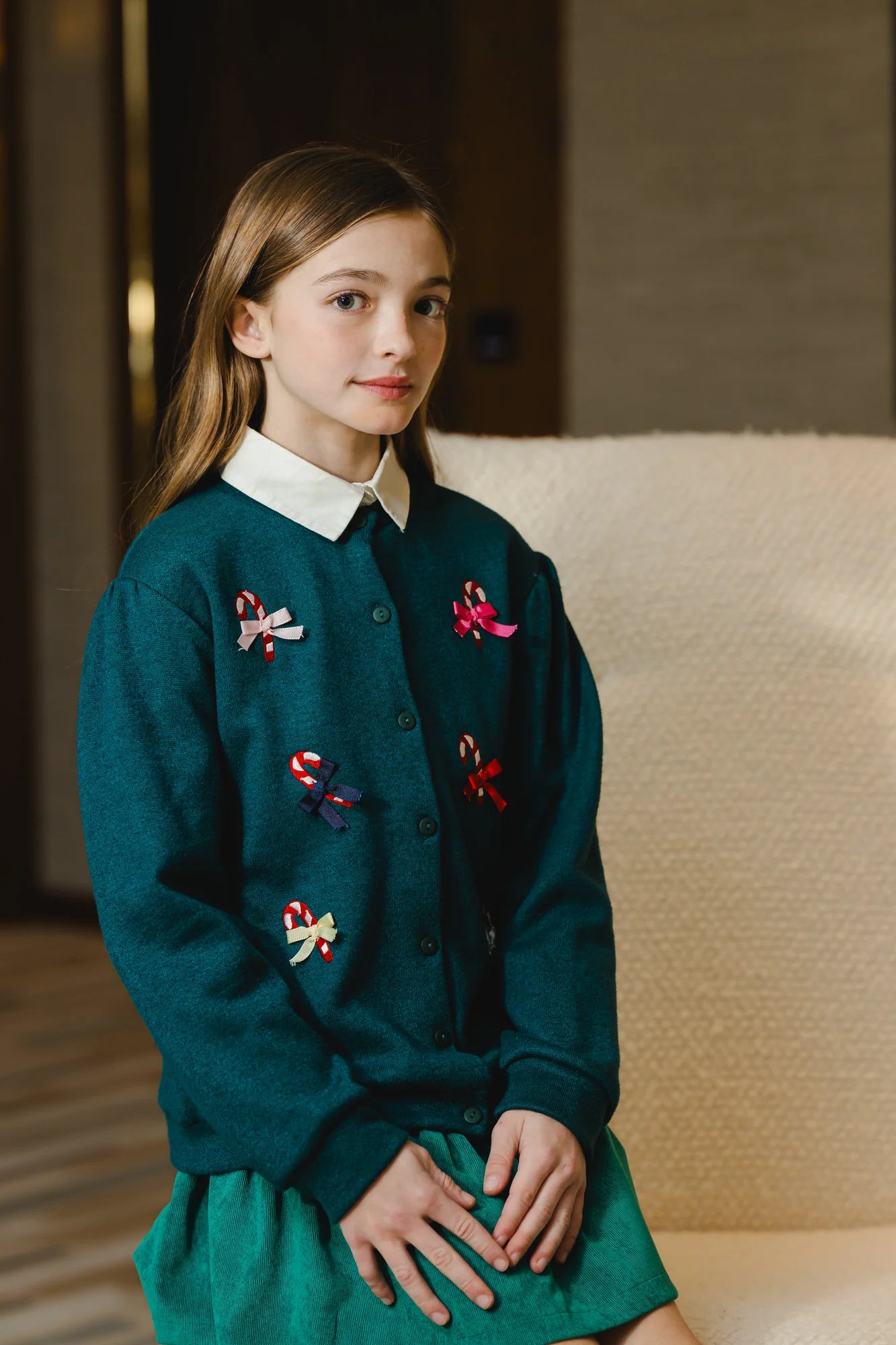 Maryland by Sal & Pimenta Girls Green Candy Cane Cardigan Sweater