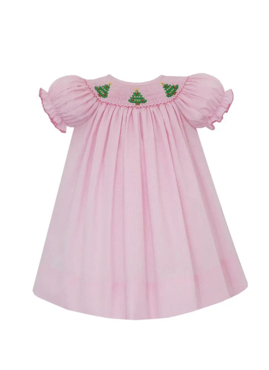 Petit Bebe Girls Pink Microcheck Smocked Christmas Trees Short Sleeve Bishop Dress