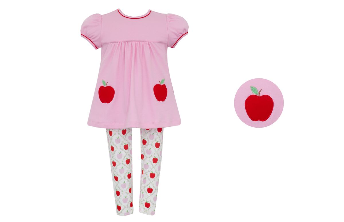 Claire & Charlie Girls Pink Apple Top with Apples Print Leggings