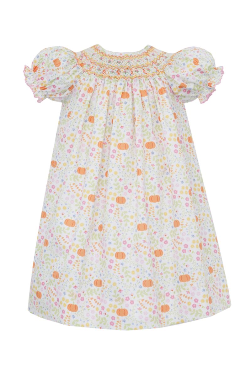 Claire & Charlie Girls Orange & Pink Pumpkins Floral Smocked Bishop Dress