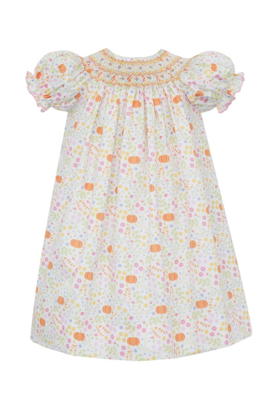 Claire & Charlie Girls Orange & Pink Pumpkins Floral Smocked Bishop Dress by Claire & Charlie