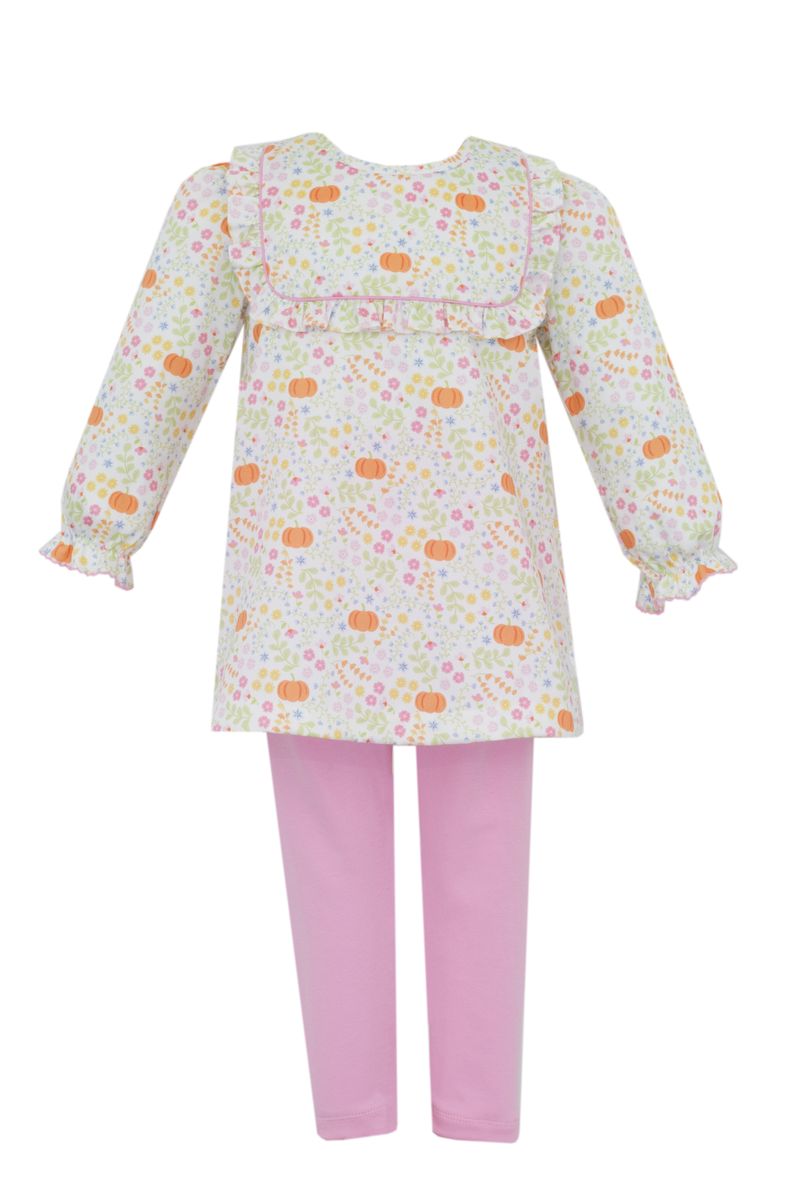 Claire & Charlie Girls Pink Leggings with Pumpkins Print Square Collar Top by Claire & Charlie