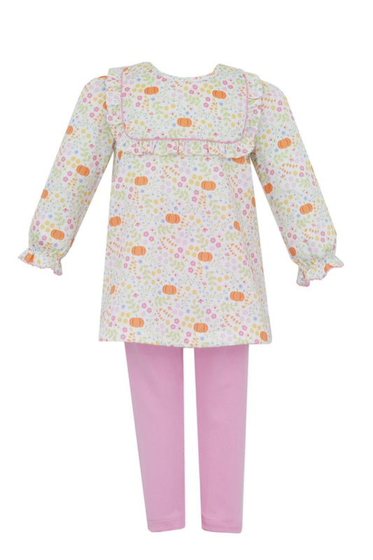Claire & Charlie Girls Pink Leggings with Pumpkins Print Square Collar Top by Claire & Charlie