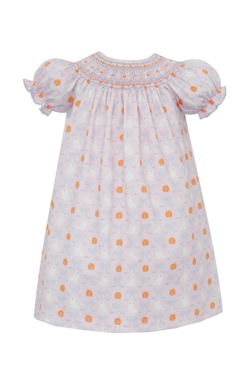 Claire & Charlie Girls Pink Ghosts & Pumpkins Smocked Knit Bishop Dress