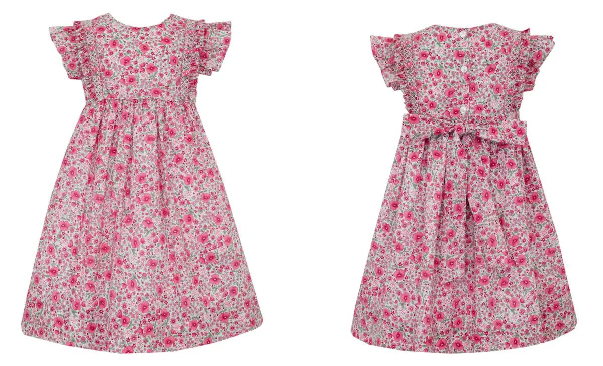 Claire & Charlie Girls Hot Pink Rose Print Dress - Smocked Ruffle Sleeves by Claire & Charlie