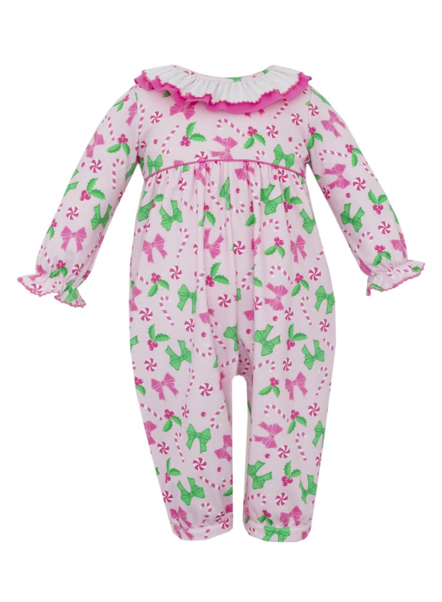 Claire and Charlie Girls Pink and Green Knit Christmas Bows Romper by Claire & Charlie