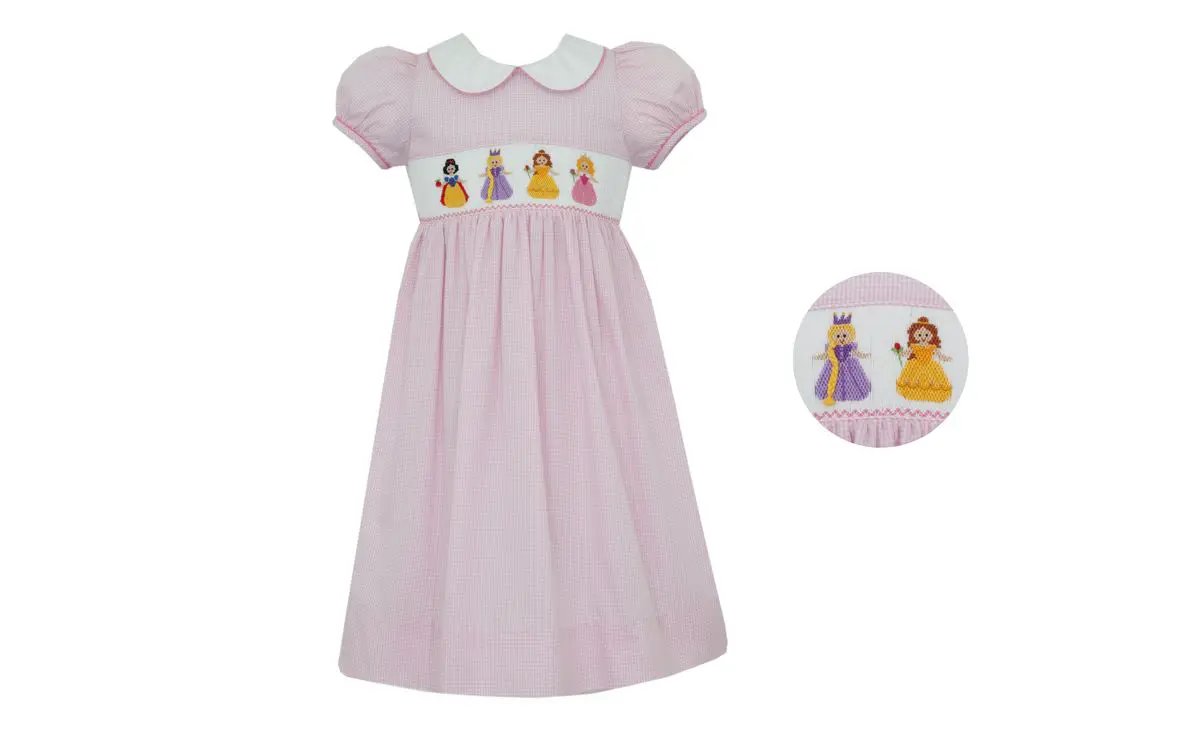 Anavini Girls Pink Gingham Smocked Princess Dress - White Collar