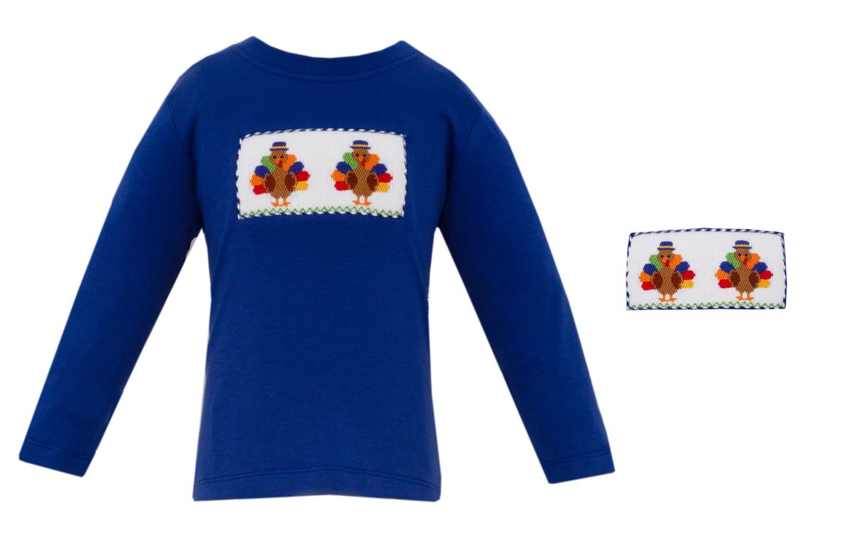 Anavini Royal Blue Knit Boys Shirt - Smocked Turkeys by Anavini