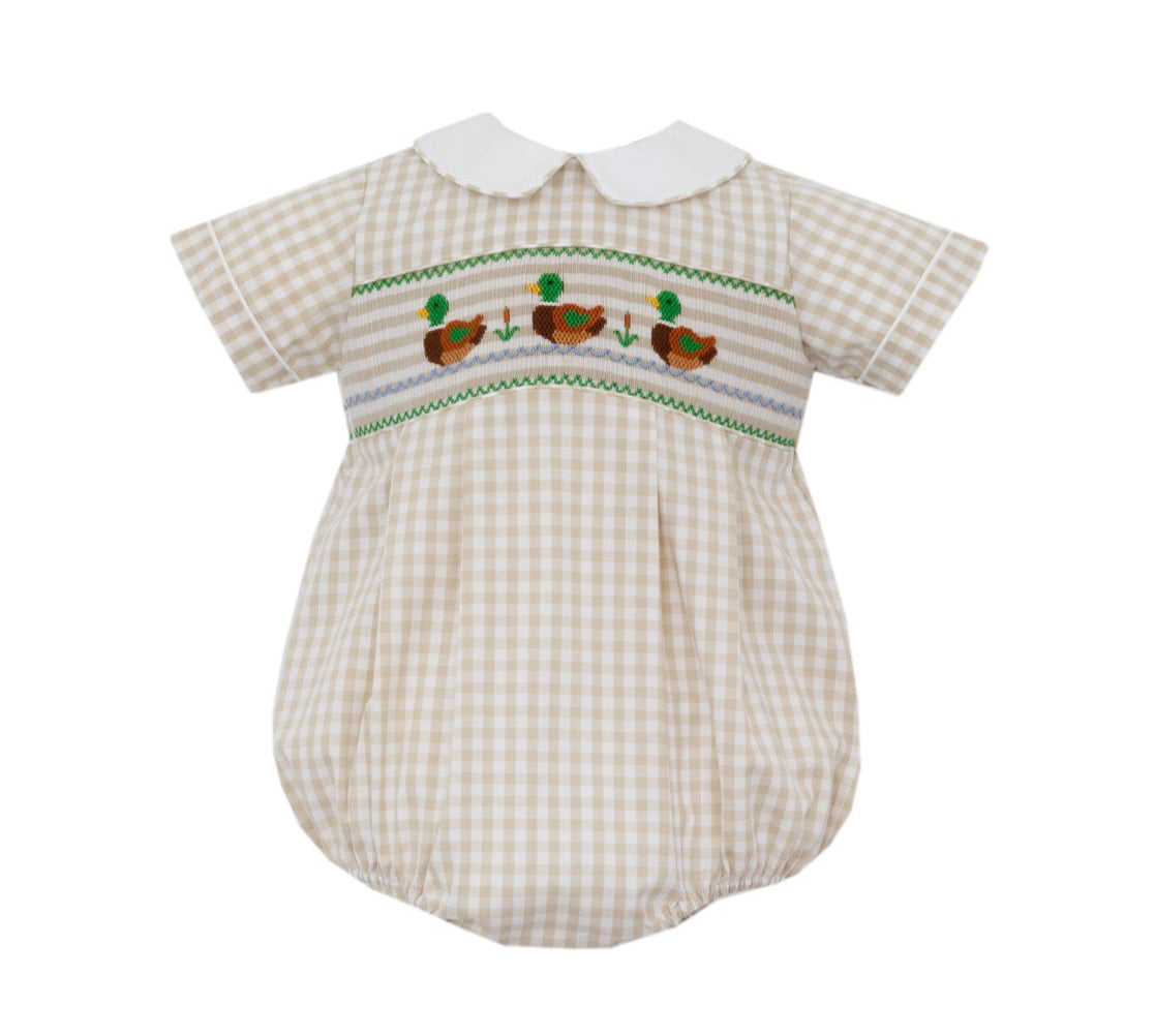 Anavini Baby Boys Tan Khaki Gingham Smocked Mallard Ducks Bubble by Anavini