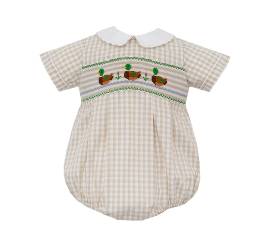 Anavini Baby Boys Tan Khaki Gingham Smocked Mallard Ducks Bubble by Anavini