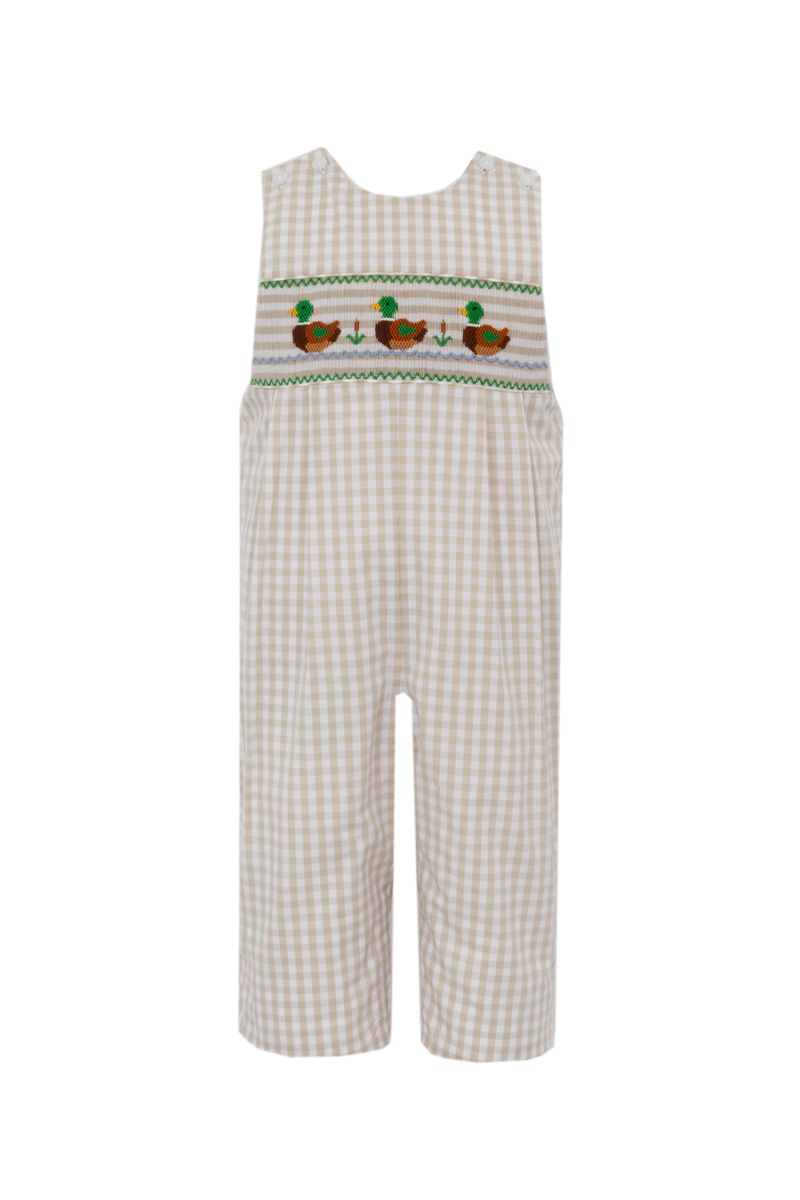Anavini Boys Tan Khaki Gingham Smocked Mallard Ducks Longall by Anavini